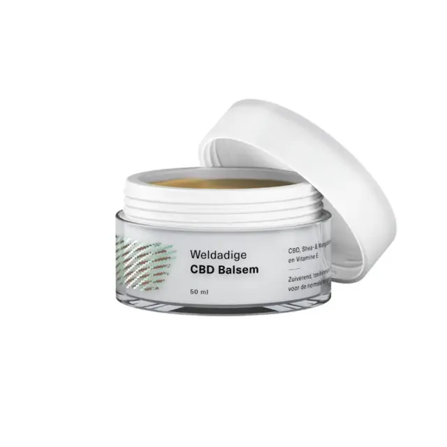 een pot cbd balem met een wit deksel.