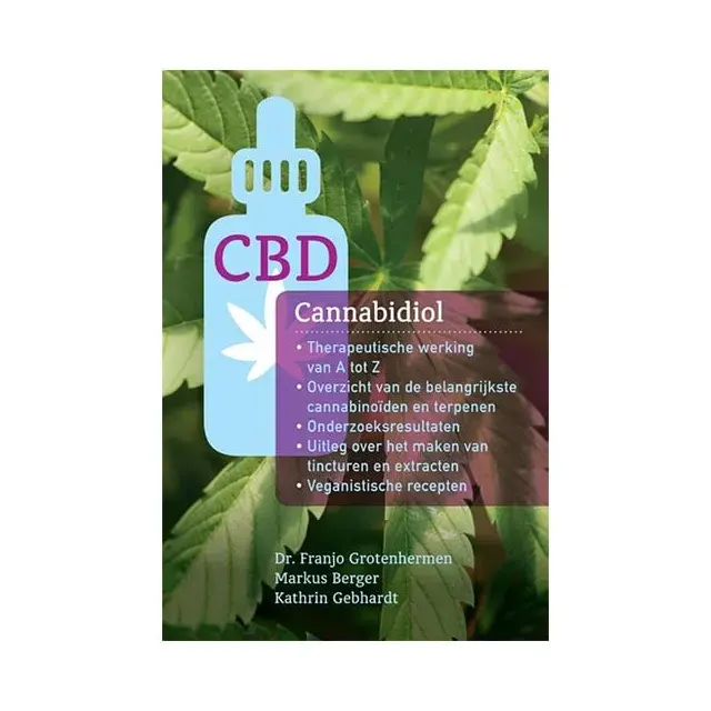 een fles cbd bovenop een groene plant.