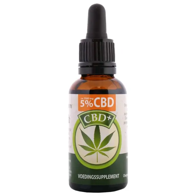 een fles cbd-olie op een witte achtergrond.