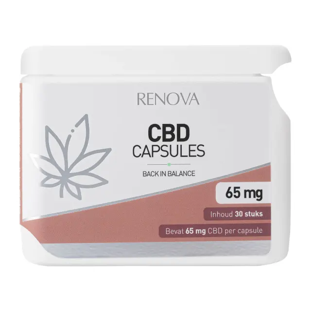Een witte Renova CBD-capsulecontainer met een grijs bladontwerp staat voor 40% (65 mg) per capsule en bevat in totaal 30 capsules.