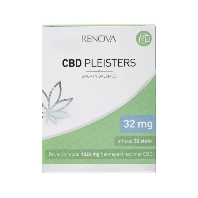 Doos met RENOVA CBD-pleisters, gelabeld "PLEISTERS" en "32 mg", met 32 stuks met in totaal 1024 mg hennepextract met CBD. Met groene accenten en geometrisch bladontwerp.
