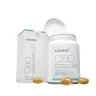 Er worden een fles en een doos met Cibdol 2.0 - 5% CBD-capsules (8,3 mg CBD - 60 stuks) getoond, vergezeld door verschillende gouden capsules die verspreid op de voorkant liggen. miniatuur