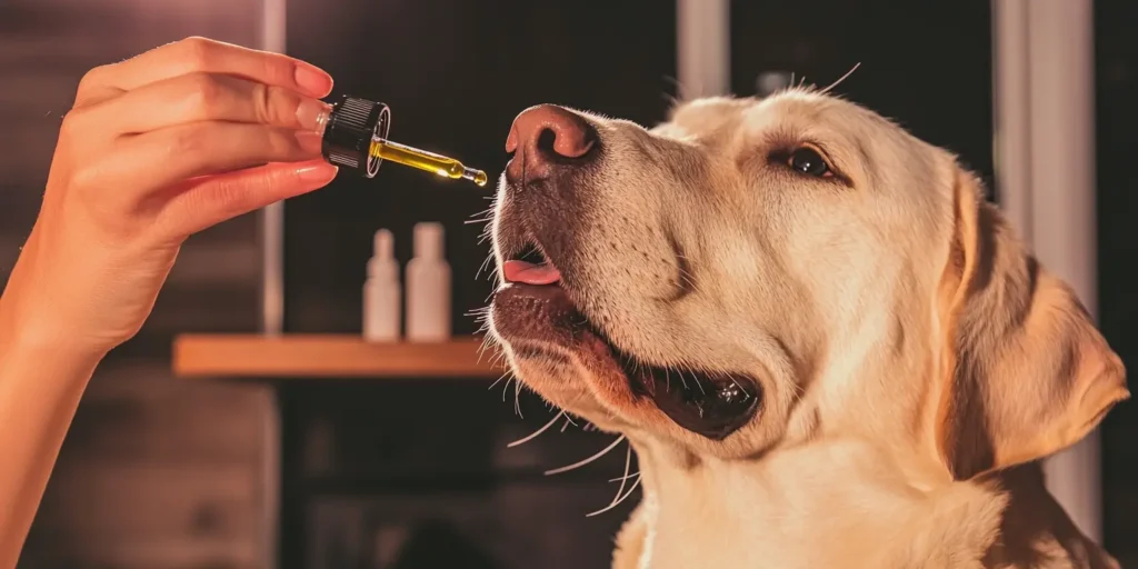 Een persoon houdt een druppelaar bij een hond.