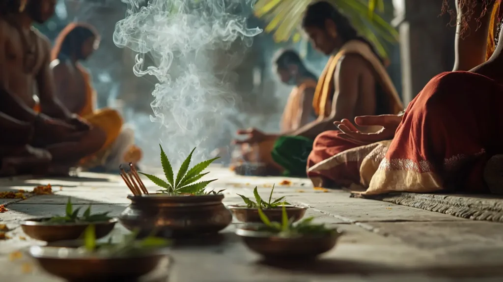 Een groep mensen mediteert in een serene omgeving, met kommen wierook en een marihuanablad op de voorgrond. Rook van de wierook stijgt op, waardoor er een rustige sfeer ontstaat.