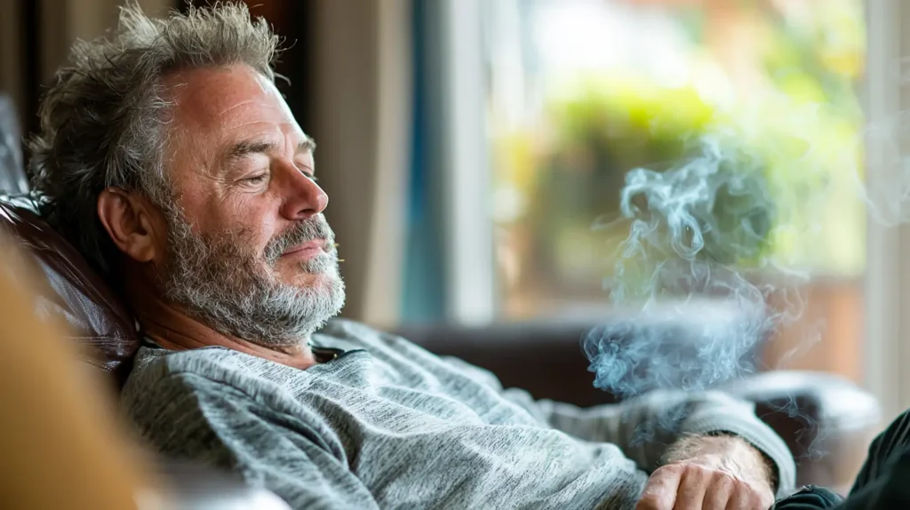 Een man van middelbare leeftijd met een baard ligt ontspannen op een bank, met gesloten ogen, terwijl rook voor hem opstijgt.