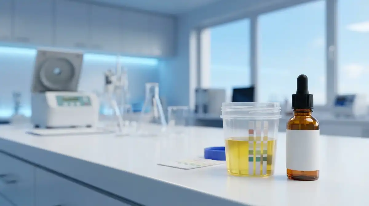 Professionele drugstest laboratorium setting met CBD olie flesje