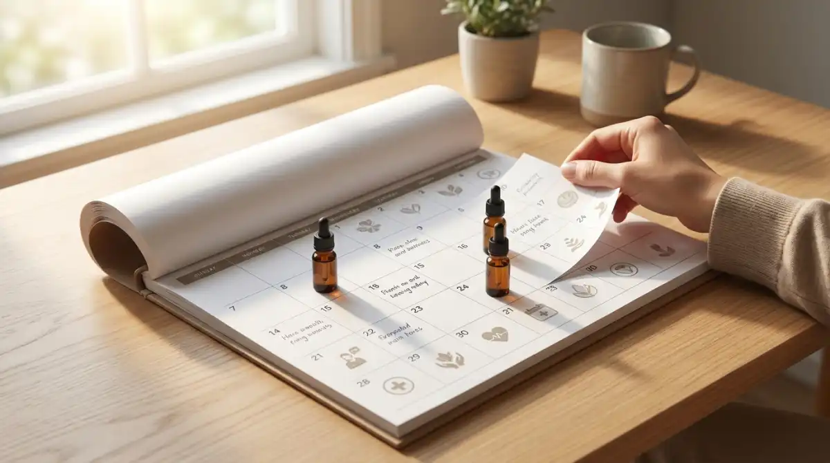Kalender en tijdlijn met CBD olie flessen die langdurig gebruik weergeven