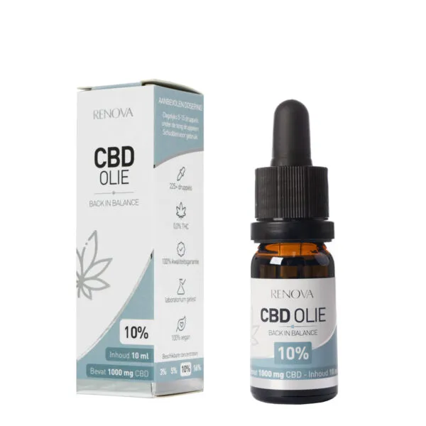 een fles cbd-olie naast een doos.