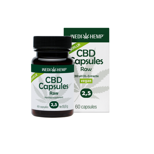 Een fles en doos CBD Capsules 2,5% van Wedihemp, gelabeld als veganistisch met 60 capsules per verpakking.
