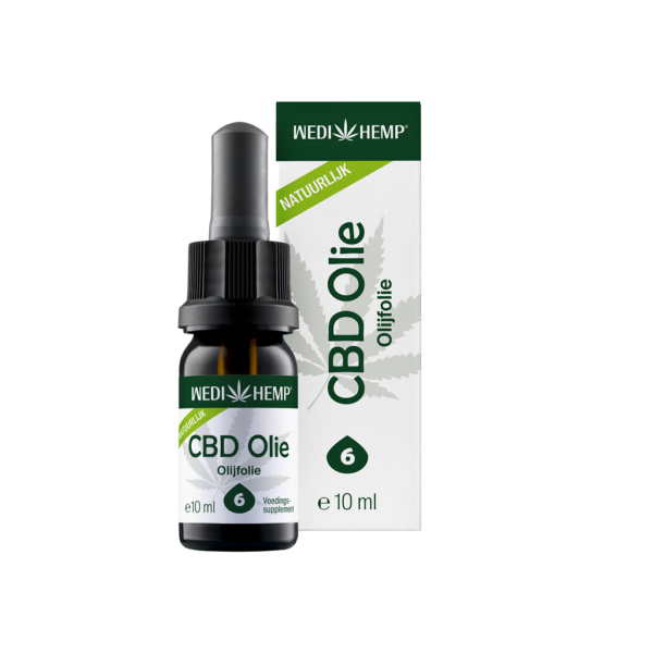 Een 10 ml flesje Wedihemp CBD Olijf Olie 6% met een groen etiket, weergegeven naast de verpakking.