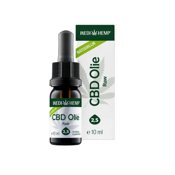 Een flesje CBD-olie met het label "CBD Olie 2,5% van Wedihemp (10ml) - Naturel smaak" staat naast de doos, waarop een groen hennepblad is afgebeeld.