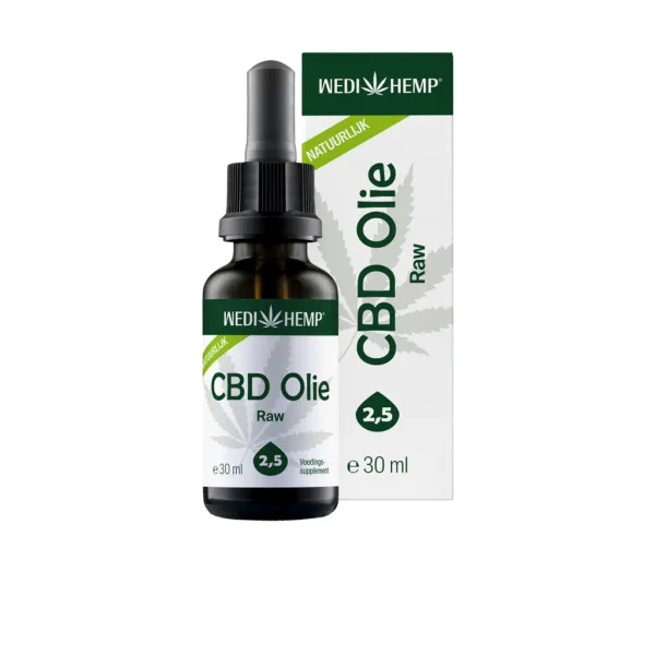 Een flesje en doosje van 30 ml CBD Olie 2,5% van Wedihemp – Naturel smaak, versierd met een hennepbladontwerp, benadrukken duidelijk de natuurlijke kwaliteiten van het product.