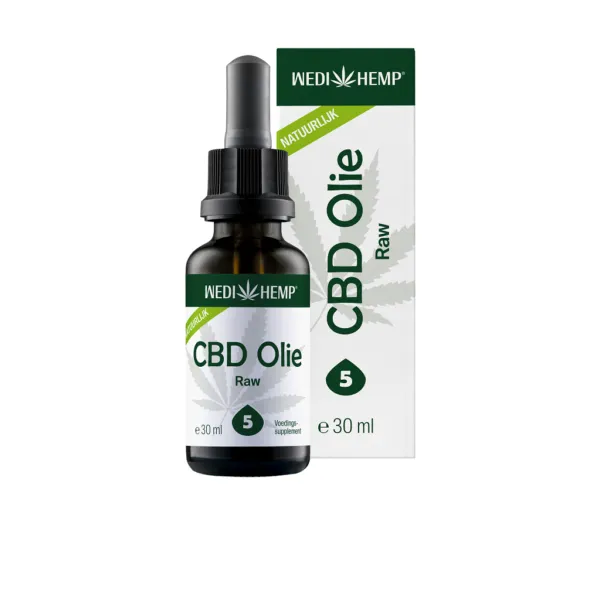 Op de voorkant van de verpakking staat een flesje CBD Olie 5% van Wedihemp van 30 ml afgebeeld met een groen bladmotief.