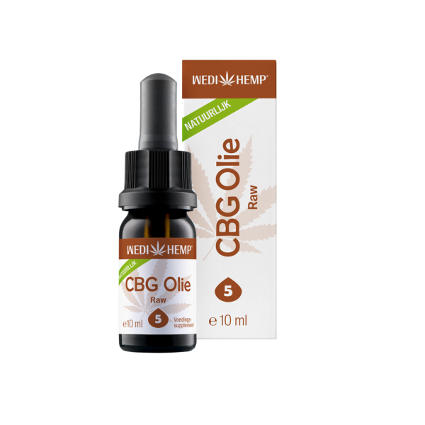 Een flesje Wedihemp CBG (cannabigerol) Olie 5%, 10 ml, met verpakking.