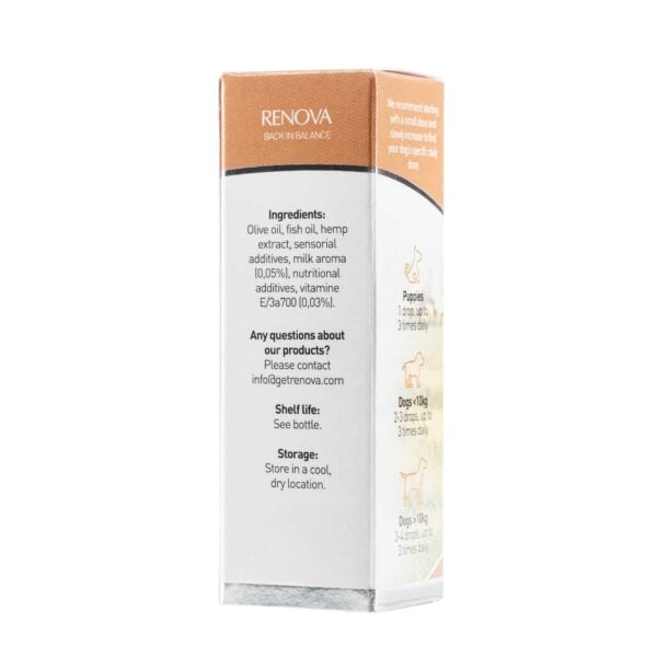 Zijaanzicht van de verpakking van Renova - CBD olie 5% voor honden (10ml) met de ingrediëntenlijst en doseringsinformatie voor puppy's en honden met verschillende gewichten.
