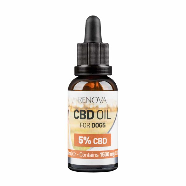 Een flesje Renova - CBD olie 5% voor honden van 30 ml, voorzien van een druppelaar en bevat 1500 mg CBD.