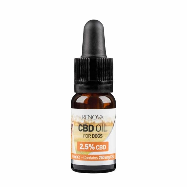 10ml flesje Renova - CBD olie 2,5% voor honden, bevat 250mg CBD met een zwarte druppeldop.