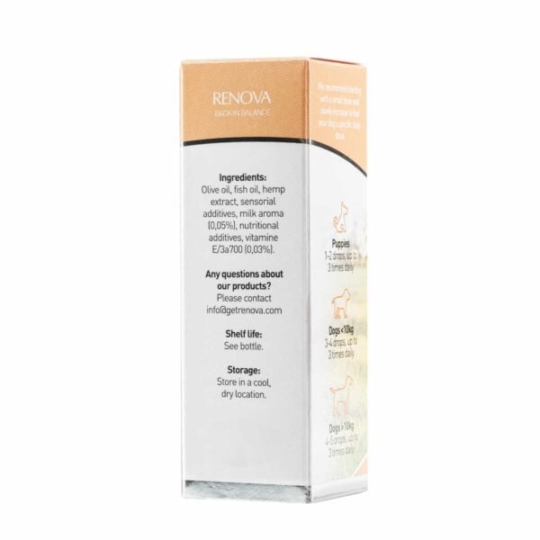 Zijkant van de doos met de ingrediënten en bewaarrichtlijnen voor Renova - CBD olie 2,5% voor honden (10ml). Ingrediënten bestaan uit verschillende oliën, hennepextract en additieven. Bewaarinstructies raden aan om het op een koele, droge plaats te bewaren.