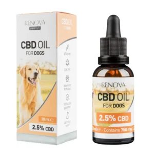 Een flesje en doosje Renova - CBD olie 2,5% voor honden (30ml).
