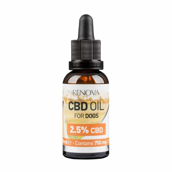 Een flesje Renova - CBD olie 2,5% voor honden bevat in totaal 750 mg CBD in een oplossing van 30 ml.