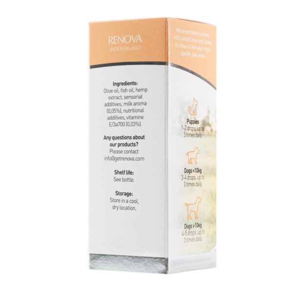 Een doos Renova - CBD olie 2,5% voor honden (30ml) wordt geleverd met doseringsinstructies en een ingrediëntenlijst met olijfolie en visolie. Het wordt aanbevolen voor puppy's en honden van verschillende gewichten, en het bevat ook contactgegevens en opslaggegevens.