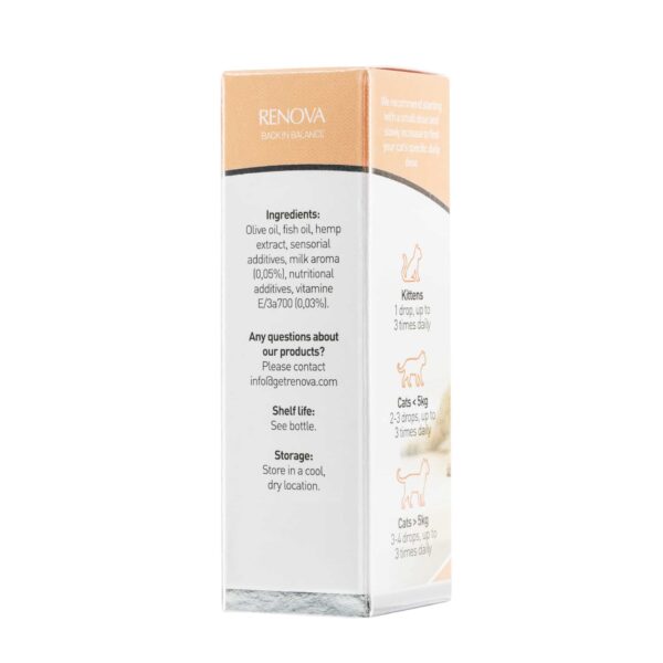 Zijaanzicht van een Renova – CBD olie 2,5% voor katten (10ml) doos met daarop de ingrediënten, contactgegevens van het bedrijf, bewaarinstructies en doseringsrichtlijnen voor kittens en katten.