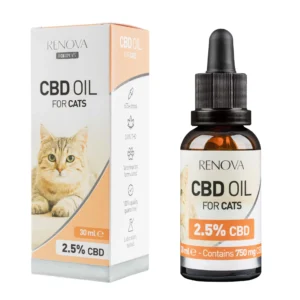 Een doos en flesje Renova – CBD olie 2,5% voor katten (30ml), met een afbeelding van een kat op de verpakking.