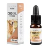 Renova's 5% CBD olie voor honden wordt geleverd in een 10ml flesje met een druppelaar, met een doosontwerp met een afbeelding van een golden retriever. De productdetails benadrukken meer dan 225 druppels, 0,0% THC-gehalte, in het laboratorium geteste kwaliteit en formulering door dierenartsen.