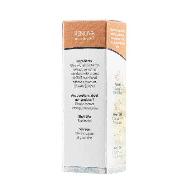Zijaanzicht van de verpakking van Renova - CBD olie 5% voor honden (10ml) met de ingrediëntenlijst en doseringsinformatie voor puppy's en honden met verschillende gewichten.