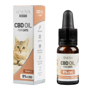 Doos en flesje Renova - CBD olie 5% voor katten (10ml).
