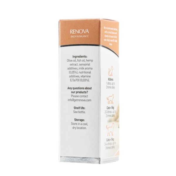 Zijaanzicht van de verpakking van Renova - CBD olie 5% voor katten (10ml) met informatie over ingrediënten, contactgegevens, houdbaarheid, opslag en doseringsinstructies voor zowel kittens als katten.