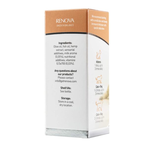 Een zijaanzicht van de verpakking van Renova - CBD olie 5% voor katten (30ml) toont de ingrediënten, contactgegevens, bewaar- en houdbaarheidsinstructies, samen met doseringsaanbevelingen op basis van het gewicht van de kat.
