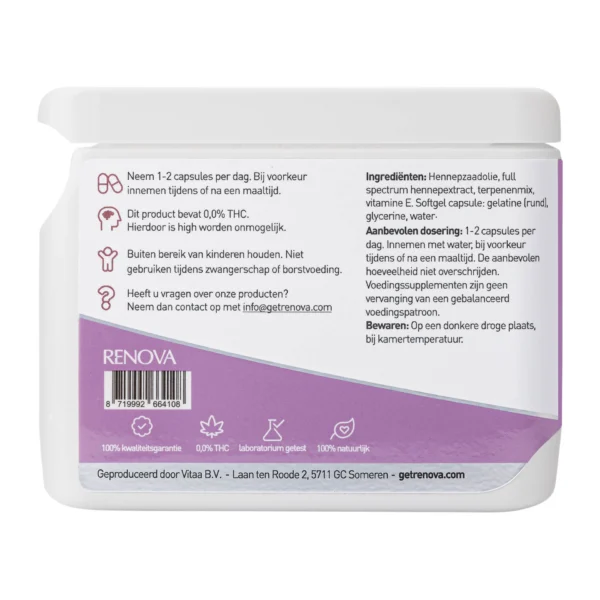 Op een verpakking Renova CBD-capsules 40% (65mg) staan doseringsinstructies, ingrediënten en contactgegevens van het bedrijf in het Nederlands, met een QR-code en certificeringssymbolen.