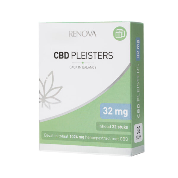 Doos met Renova CBD-pleisters met het label "Back in Balance", met 32 pleisters met elk 32 mg. Het totale CBD-gehalte is 1024 mg.