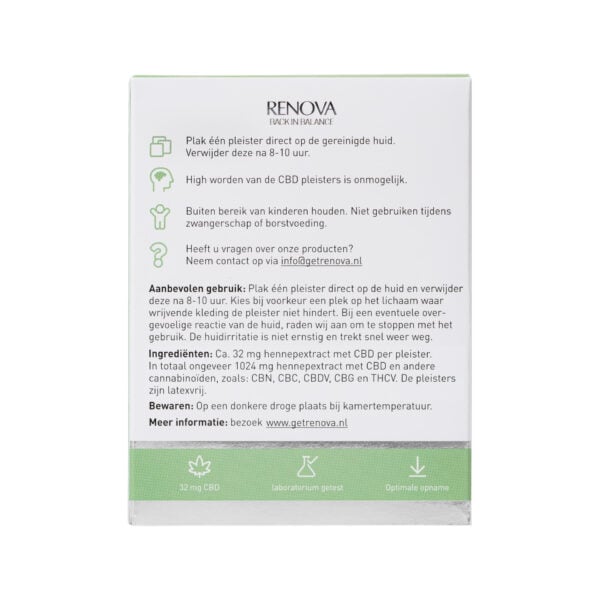 Doos met Renova CBD-pleisters met instructies en ingrediënten in het Nederlands, met onderaan een groen gedeelte met een link naar een website voor meer informatie.