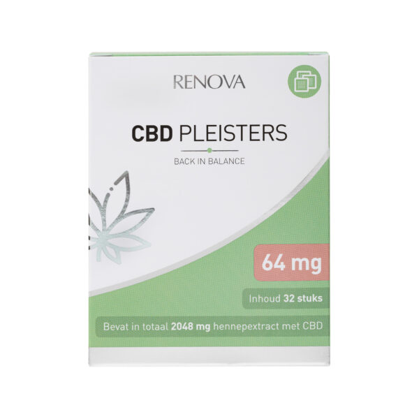 Verpakking van Renova CBD-pleisters, gelabeld "Back in Balance", met een dosering van 64 mg per pleister en 32 pleisters in totaal. Het ontwerp bevat een bladafbeelding. De tekst is in het Nederlands.