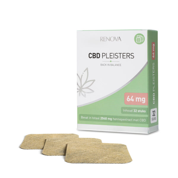 Doos met RENOVA CBD PLEISTERS (pleisters) met een dosering van 64 mg, met in totaal 32 pleisters. Drie pleisters worden voor de doos weergegeven. Tekst is in het Nederlands.