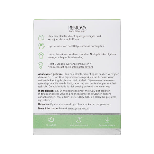 Achterkant van een Renova CBD patchdoos, met gedetailleerde gebruiksaanwijzingen, aanbevolen gebruik, ingrediënten en opslaginformatie. Verpakking heeft een groen en wit kleurenschema.