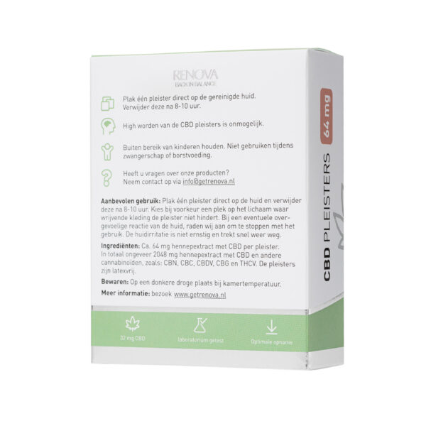 Doos met Renova CBD-pleisters met een dosering van 64 mg, met instructies en ingrediënten in het Nederlands en contactgegevens op de achterkant.