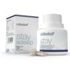 Een doos en flesje met het label "Cibdol - CBD en CBN Stay Asleep Capsules (30 stuks)" met twee capsules aan de voorkant. De verpakking vermeldt hop, 5-HTP, CBD en CBN en bevat 30 capsules.