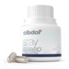 Een witte fles met het label "Cibdol - CBD en CBN Stay Asleep Capsules (30 stuks)" met twee beige capsules ervoor, tegen een effen witte achtergrond.