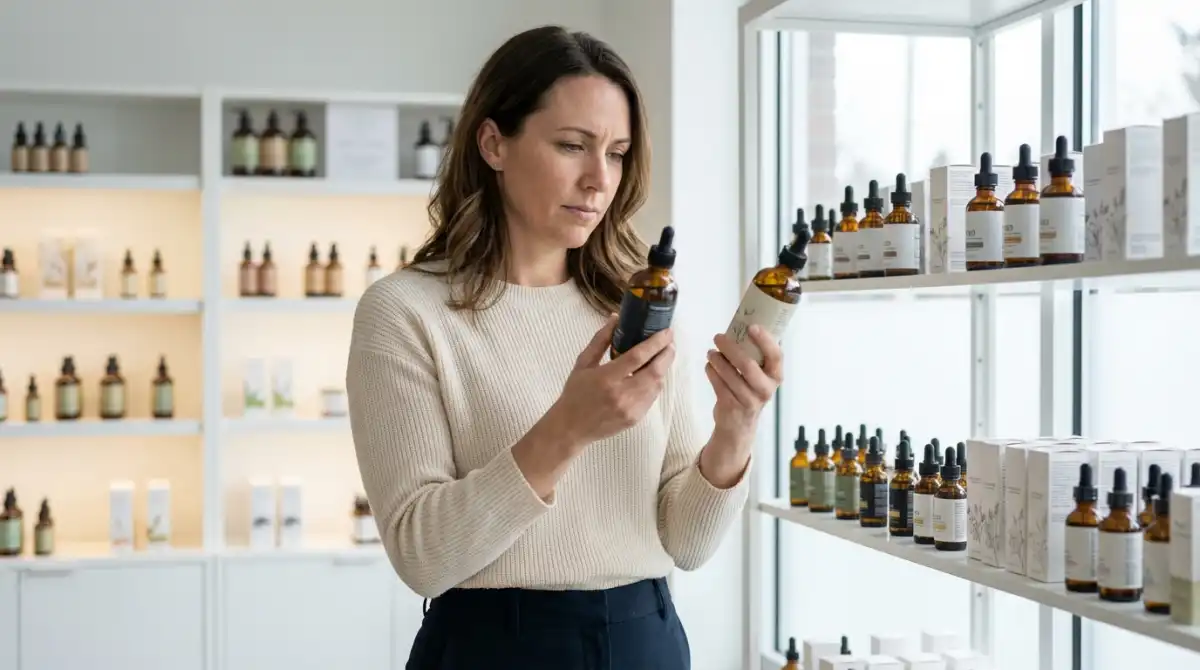 Persoon die CBD producten vergelijkt in een winkel